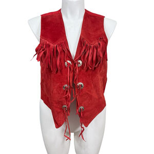 Vintage Y2K Rock Creek Red Suede Fringe Vest Women’s L Concho Western